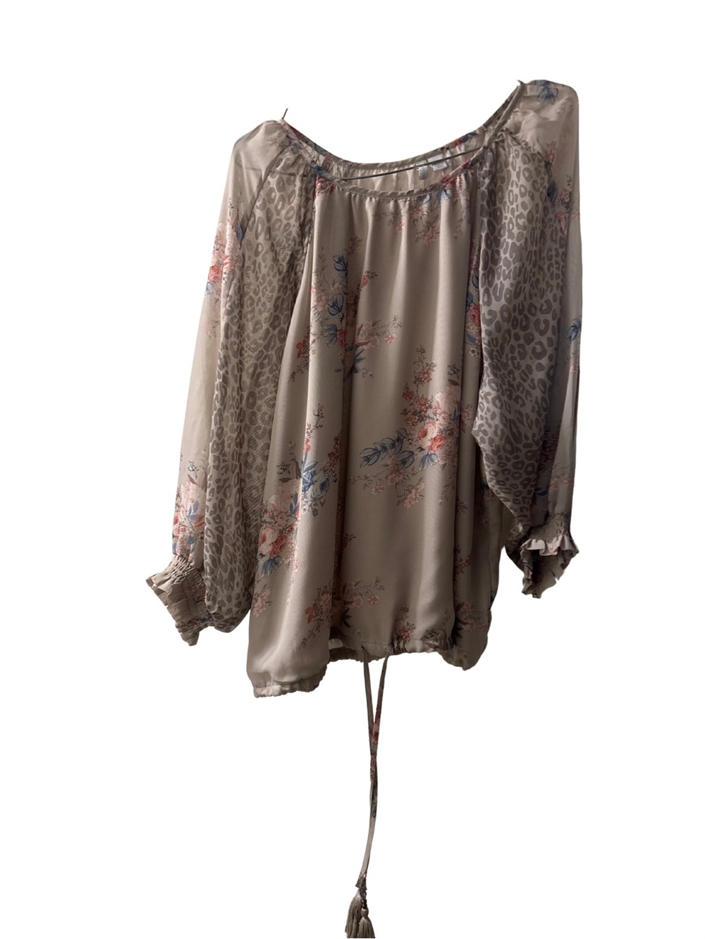 Cato Floral Leopard Mixed Print Blouse Top 14/16W Plus Size Taupe Chiffon